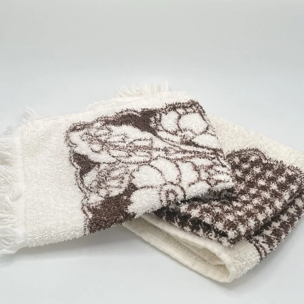 Vintage 70s MCM Flower Brown White Hand Towels Boho Groovy Fringe Set Of 3